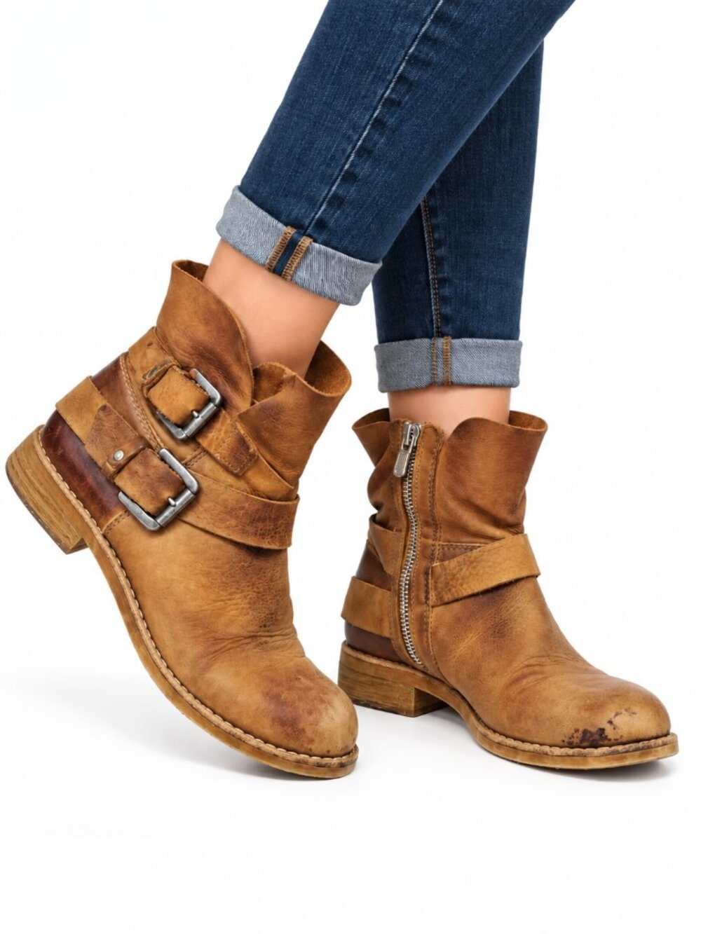 STEVE MADDEN Orly Distressed Leather Ankle Boots Brown 38EU 7US Moto Biker